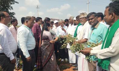 ಪೊಟೋ-ಕೇಂದ್ರದ ಬರ ಅಧ್ಯಯನ ತಂಡವು ಸಮೀಪದ ದೊಡ್ಡೂರ ರಸ್ತೆಯಲ್ಲಿನ ಶೇಂಗಾ ಹೊಲಕ್ಕೆ ಬೇಟಿ ನೀಡಿ ರೈತರೊಂದಿಗೆ ಸಂವಾದ ನಡೆಸಿದರು.  | Kannada Prabha